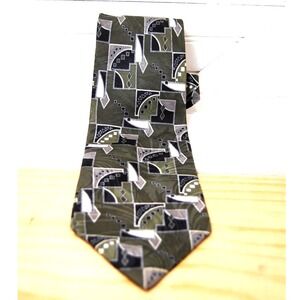 Vintage Villa Bugatti neck tie 100% silk Geometric patten dark green Made in USA